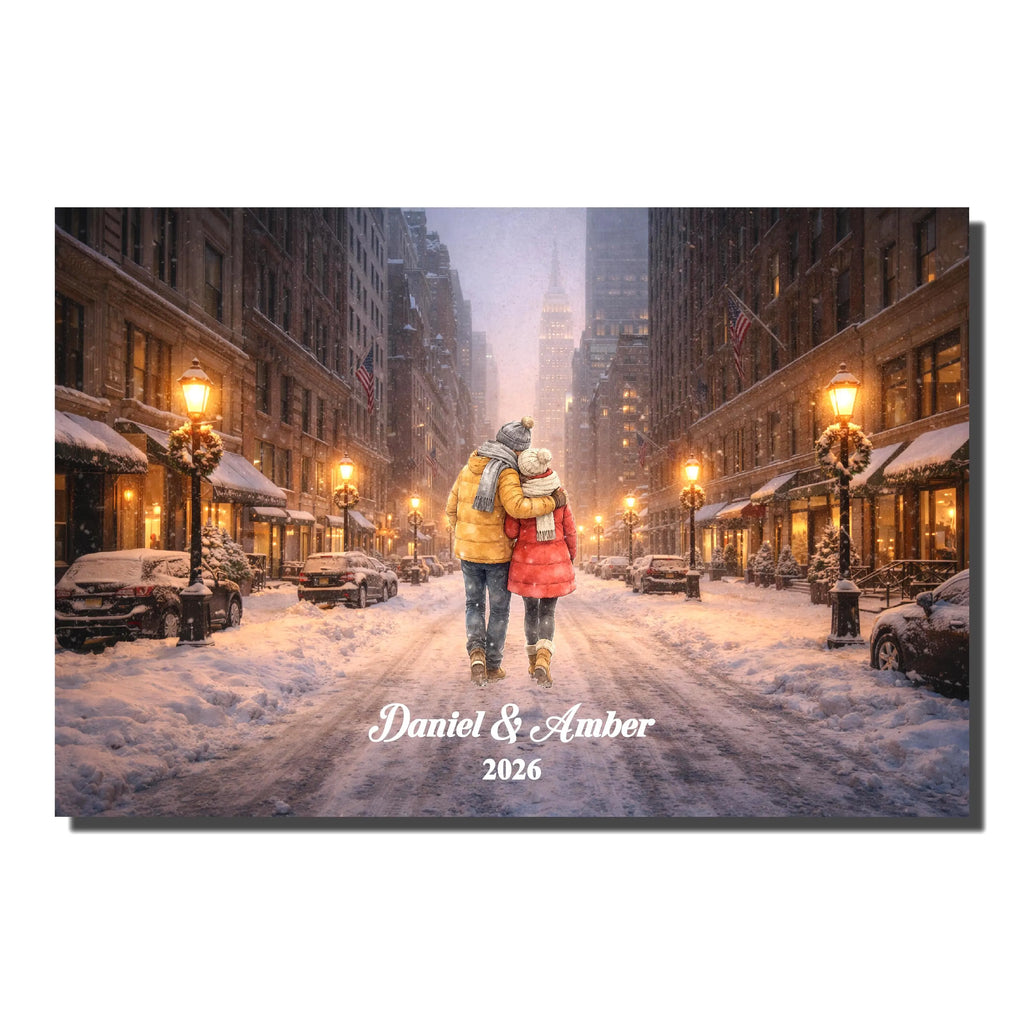 Custom New York City Couple Wall Art | Snowy NYC Scene for Engaged, Married, Mr & Mrs, Anniversary, Travel, Honeymoon | Aluminum Metal Print