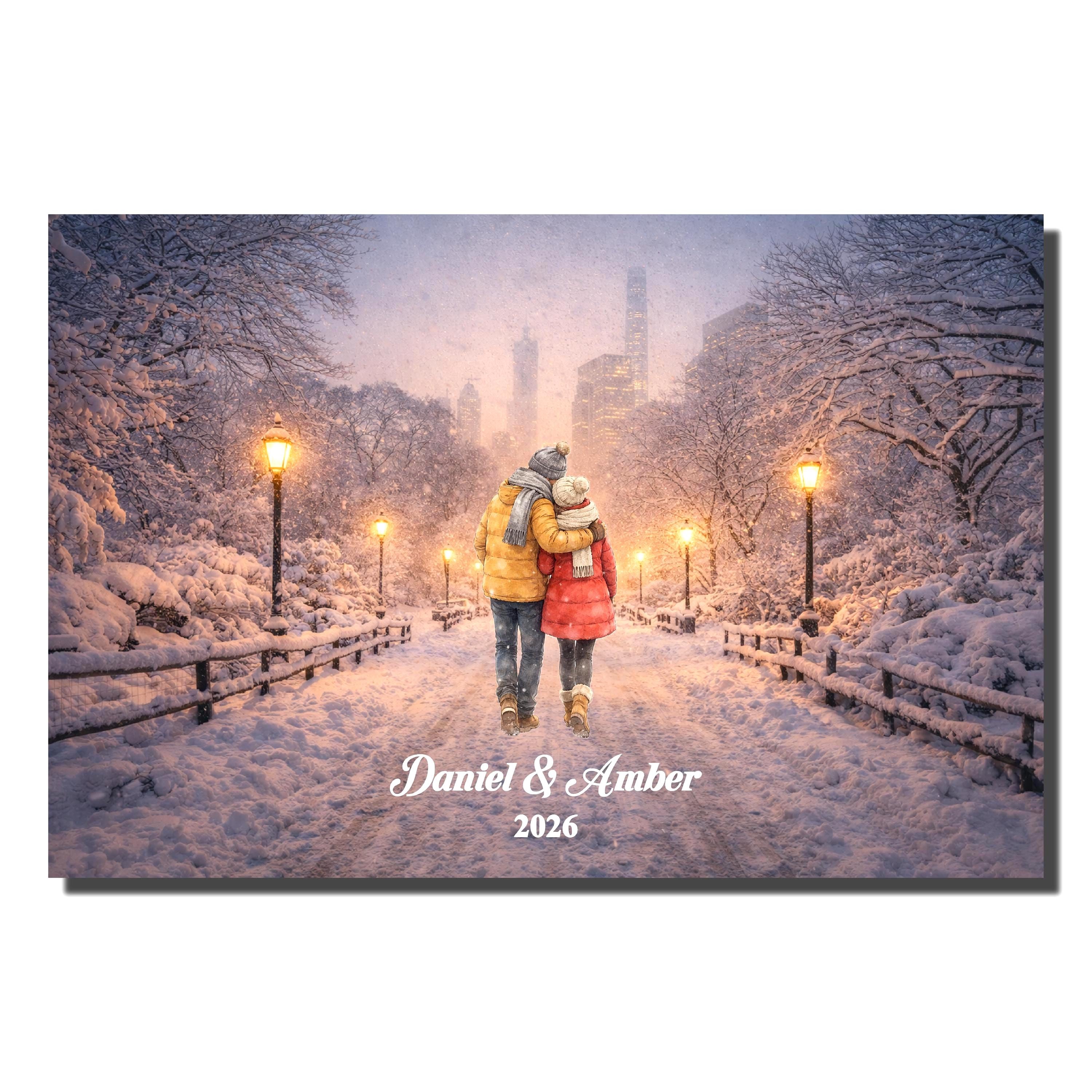 New York City Couple Custom Wall Art | Snowy NYC Scene for Engaged, Married, Mr & Mrs, Anniversary, Travel, Honeymoon | Aluminum Metal Print