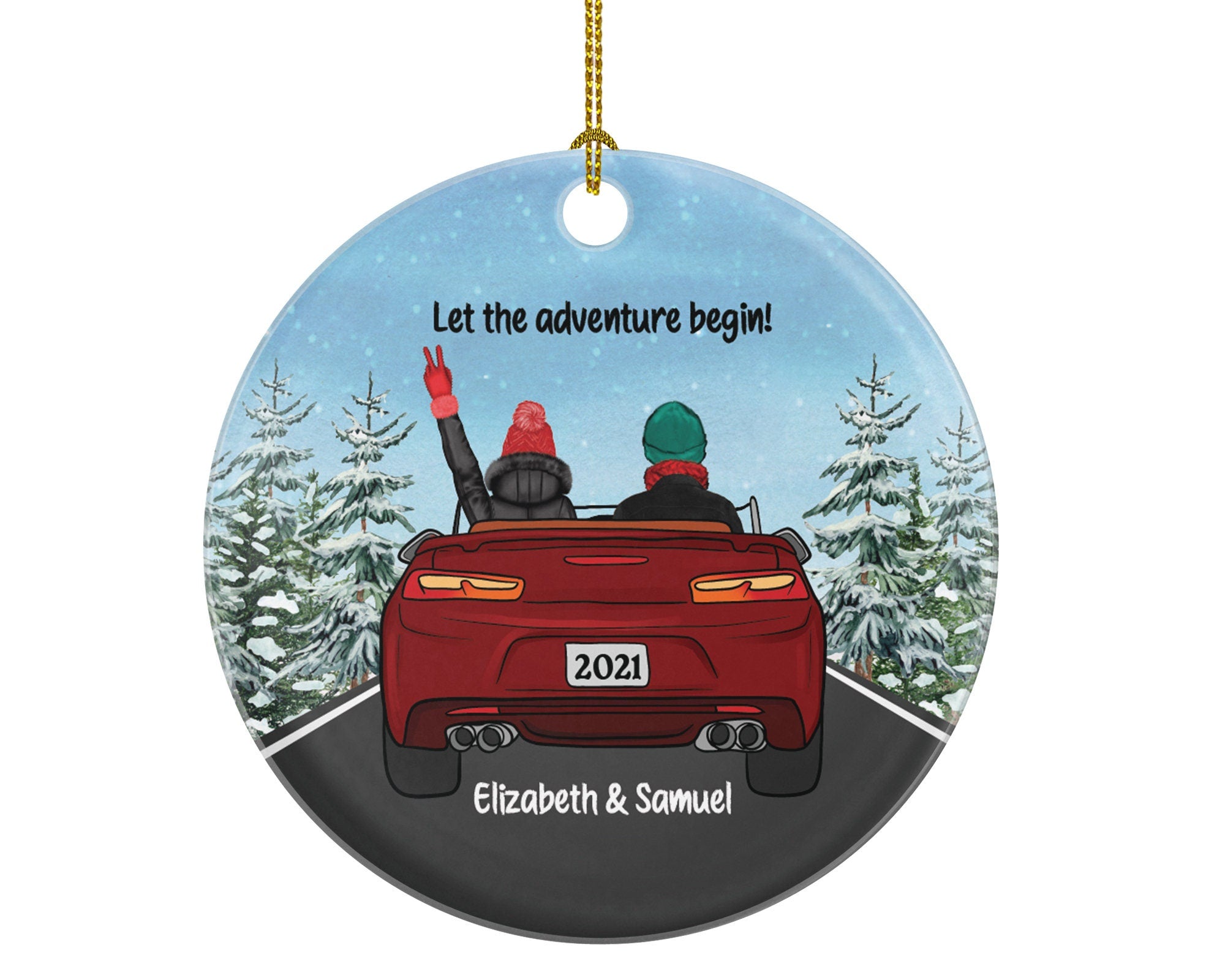 Couple In A Car Driving Christmas Ornament - Traveled Together Our First Trip Personalized Wedding Engaged New Couple Gift for Convertible
