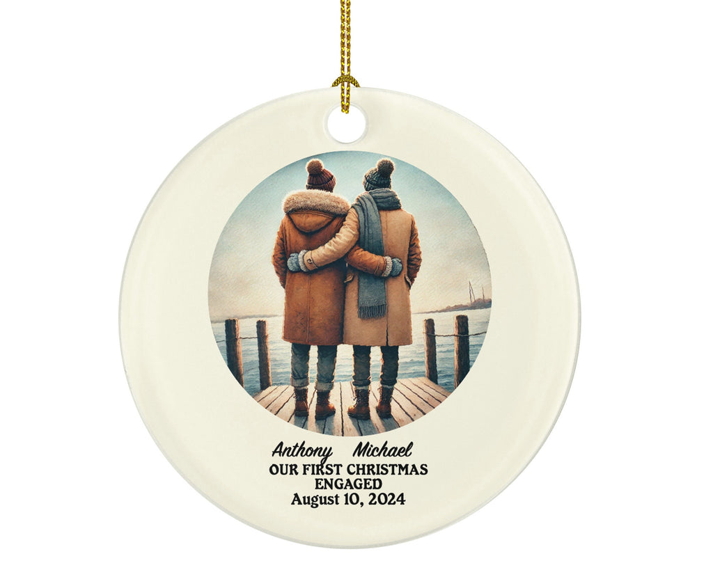 Gay Couple Christmas Ornament, Personalized Portrait Love is Love Same Sex Pride, First Christmas Engaged Custom Engagement Announcement