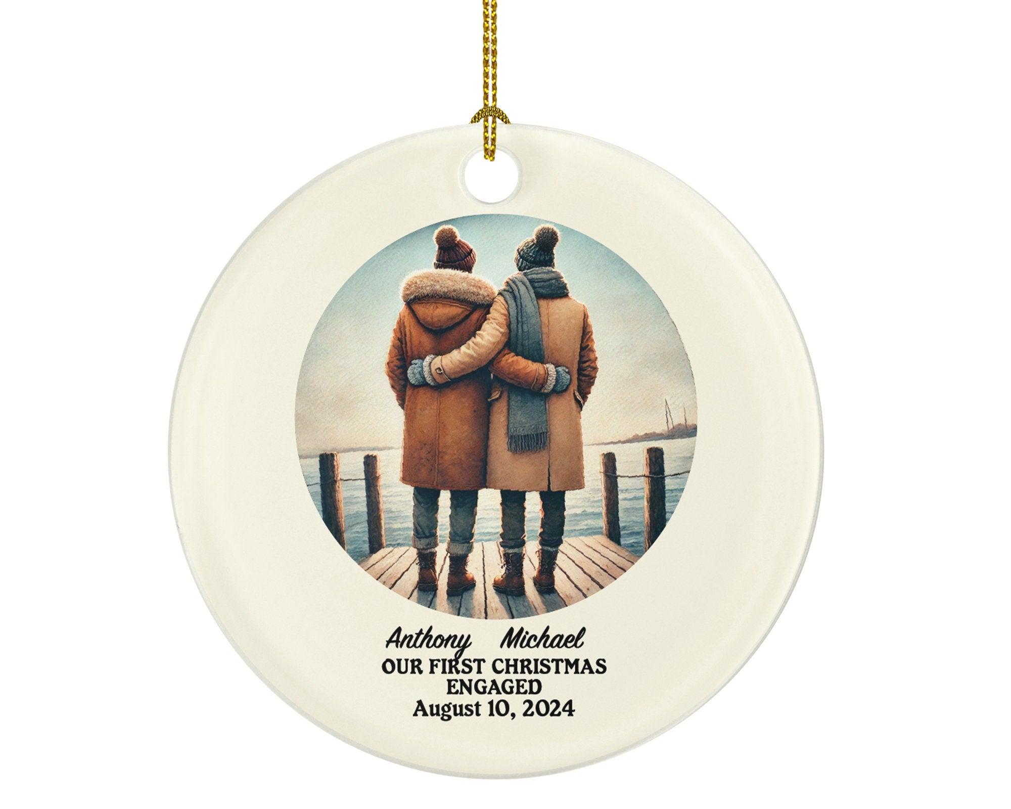 Gay Couple Christmas Ornament, Personalized Portrait Love is Love Same Sex Pride, First Christmas Engaged Custom Engagement Announcement