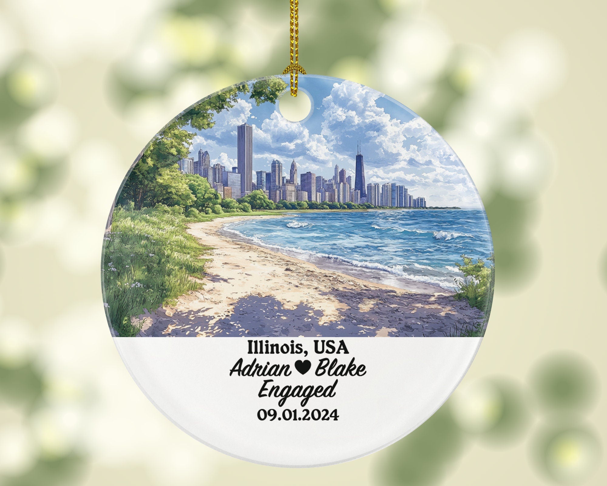Illinois Christmas Ornament Personalized - IL Engaged Married Family Together Couple Travel Honeymoon Engagement Marriage