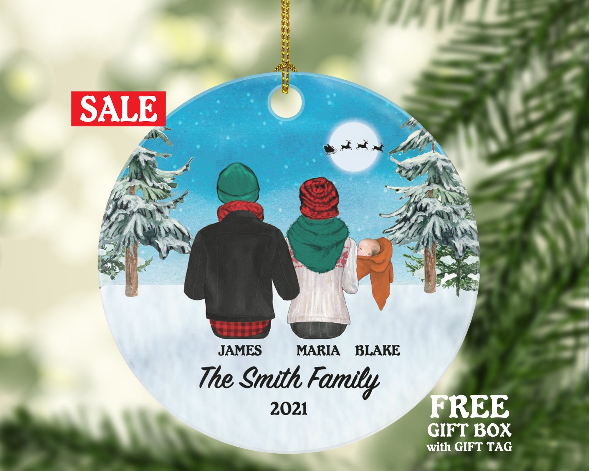 Family of 3 Personalized Ornament - First Christmas Newborn Infant New Baby Girl Boy Parents Mother Father Mom Dad Gift Kid Child Gift