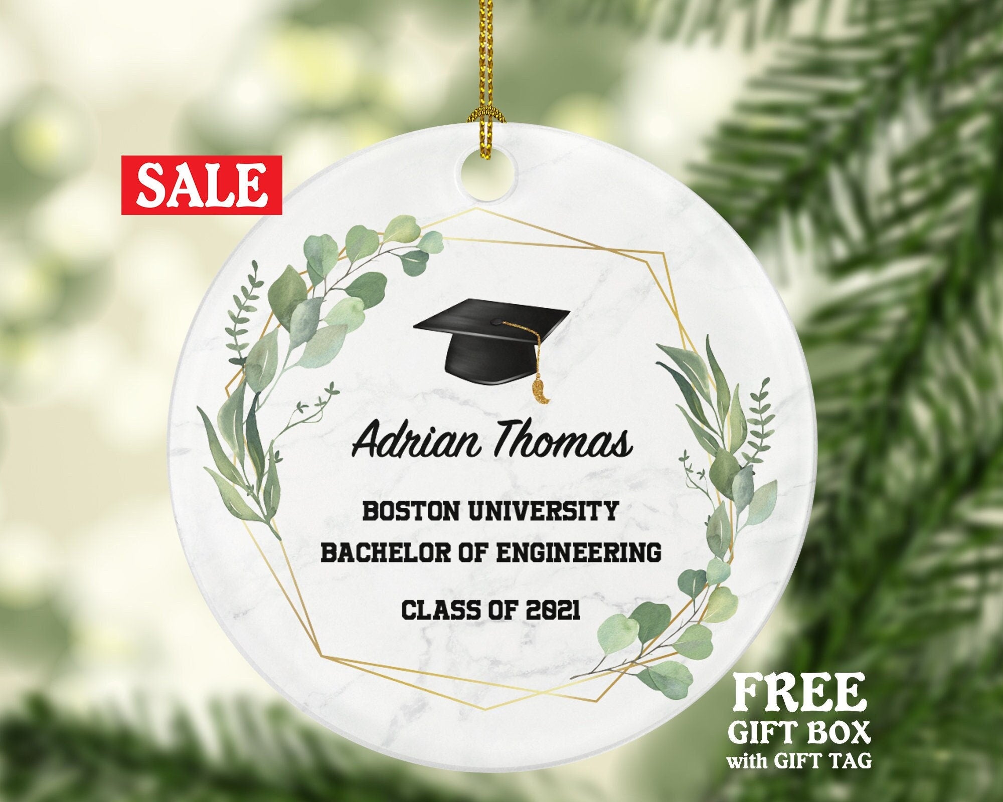 Personalized Graduation Christmas Ornament - Class of Custom Gift for Graduate Masters Bachelor Doctorate College High School Degree