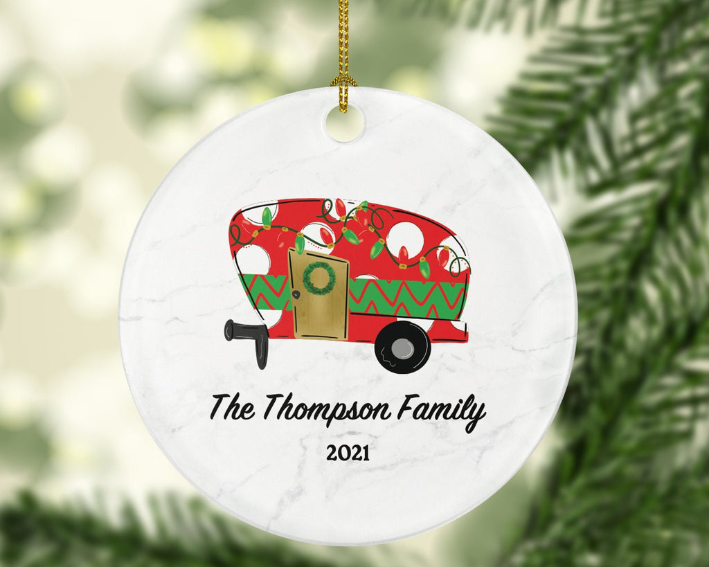 Camping Pull Trailer RV Camper Family Christmas Ornament - Personalized Vacation Red Recreational Gift