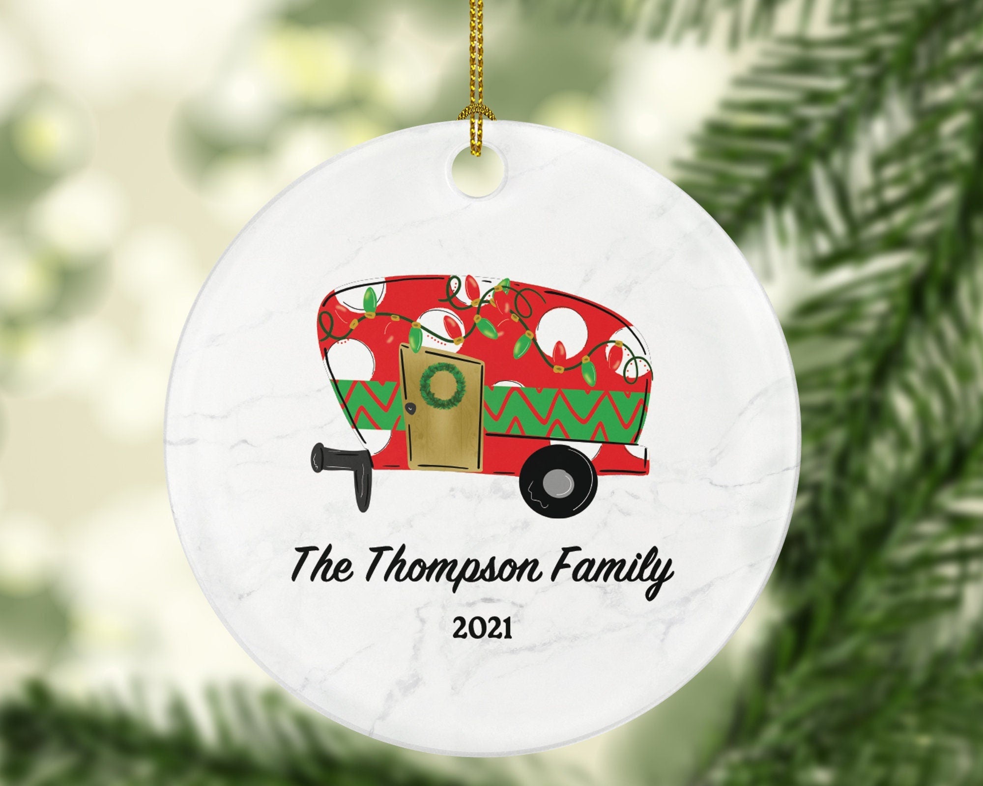 Camping Pull Trailer RV Camper Family Christmas Ornament - Personalized Vacation Red Recreational Gift