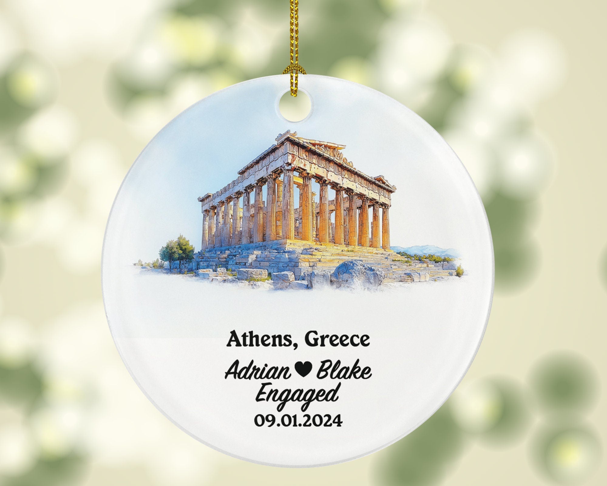 Athens Christmas Ornament Personalized - Greece Engaged Married Family Together Couple Travel Honeymoon Engagement Marriage