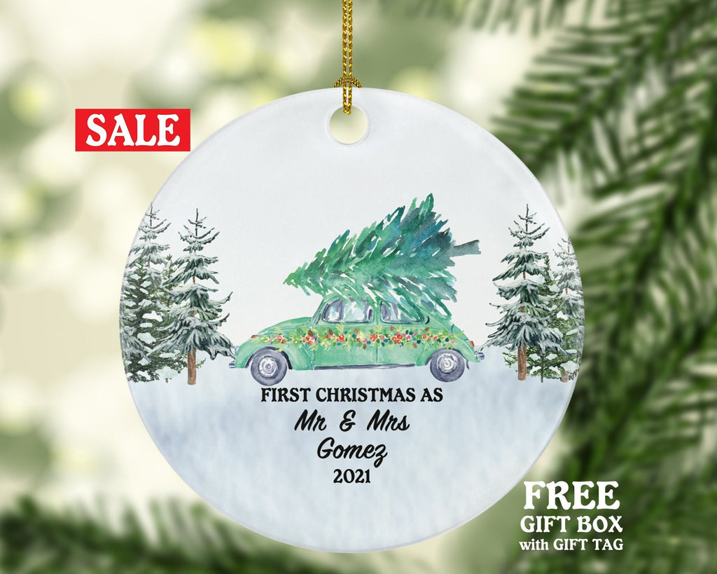 First Christmas As Mr & Mrs Newlywed Christmas Ornament - Personalized  Wedding First Married Gift for Wedding Vintage Green Car