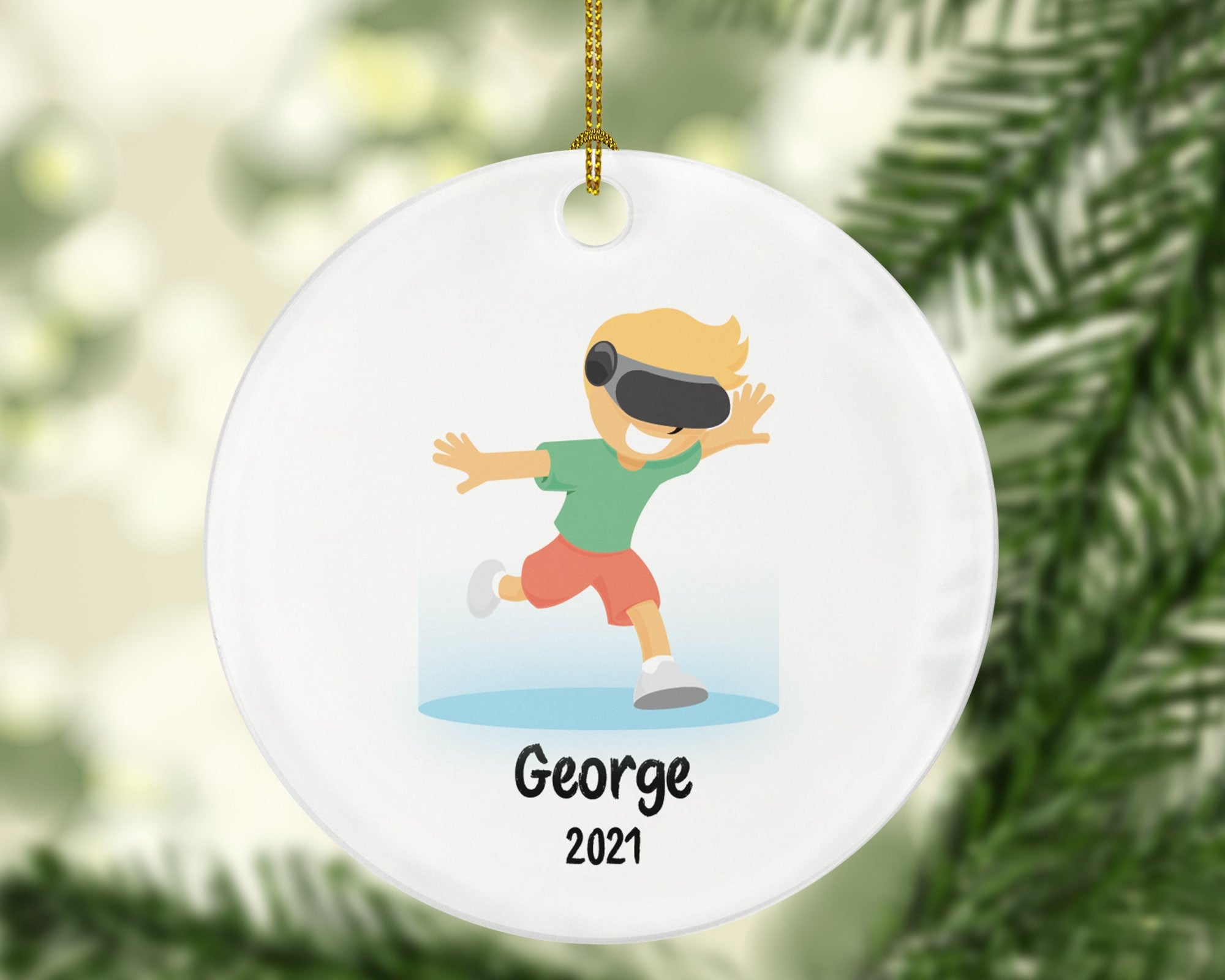 Virtual Reality Male Personalized Christmas Ornament Child for Tree Boy Kid Brown White Skin Hair Blonde Dark Black Video Gamer Game Gift