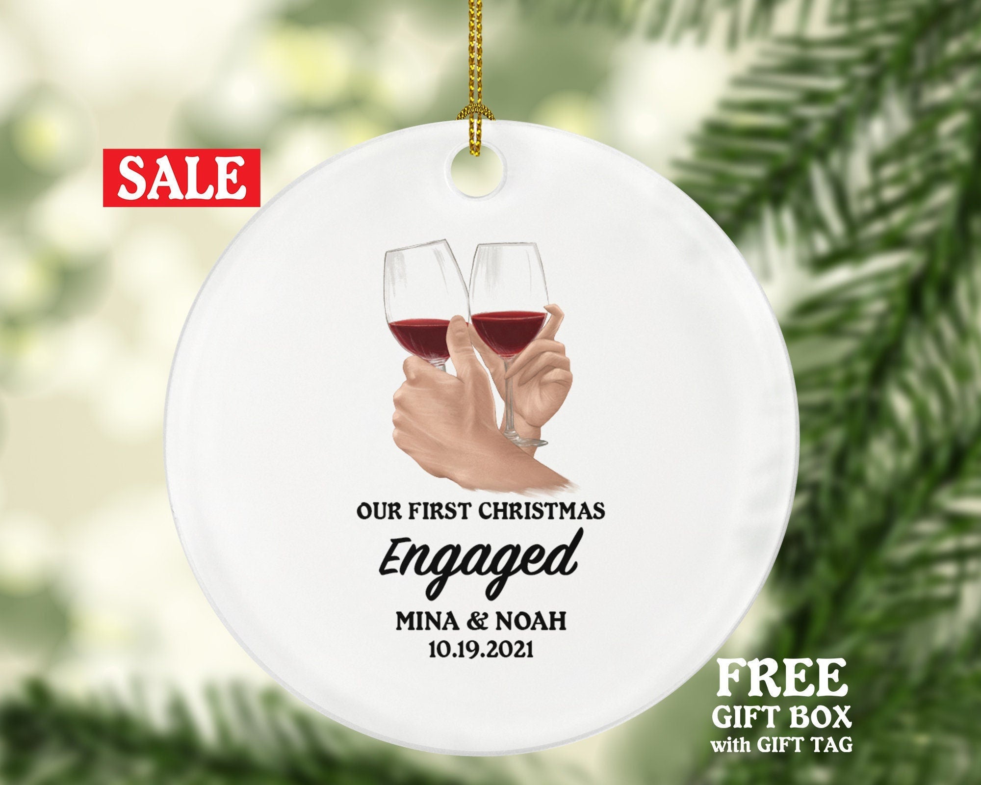 Our First Christmas Engaged Personalized Ornament - Engagement Announcement Couple Gift - Wine Lovers