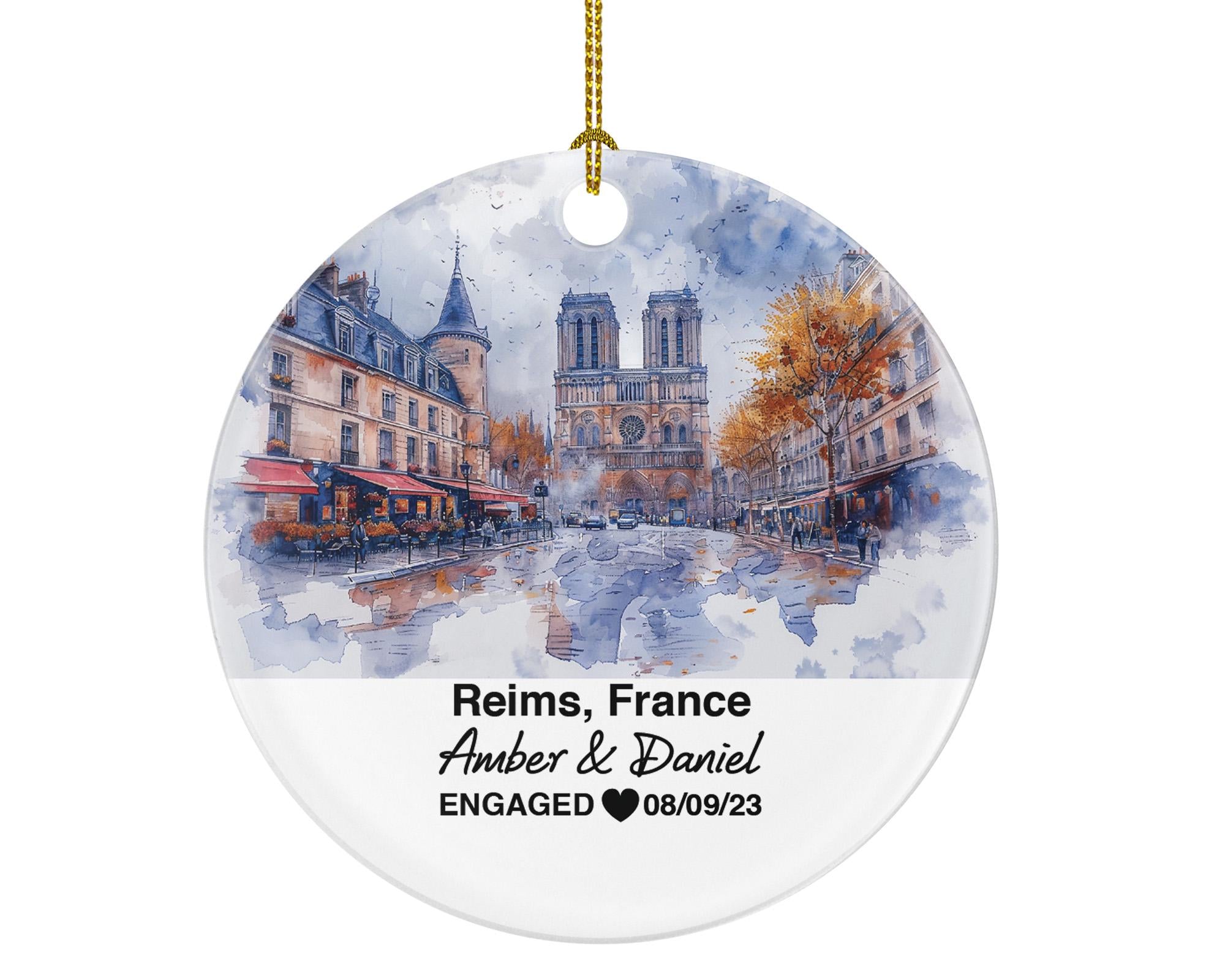 Personalized Reims France Christmas Ornament, Notre-Dame Cathedral, Mr & Mrs Wedding, Engagement, or Honeymoon Keepsake for Couples