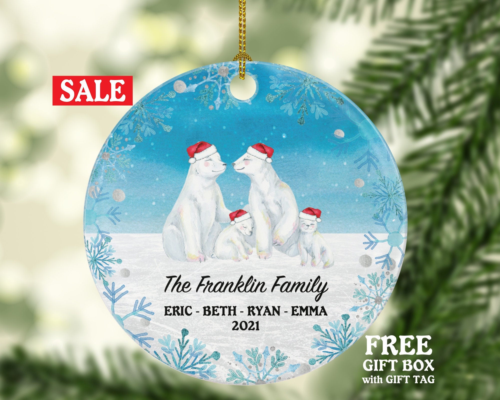 Family of 4 Christmas Ornament Personalized - Parents Mother Father Child Girl Boy Mom Dad Gift - Bear Family
