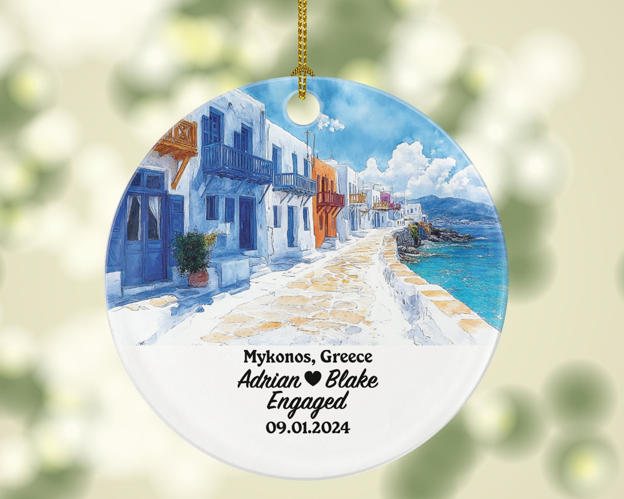 Mykonos Christmas Ornament Personalized - Greece Engaged Married Family Together Couple Travel Honeymoon Engagement Marriage