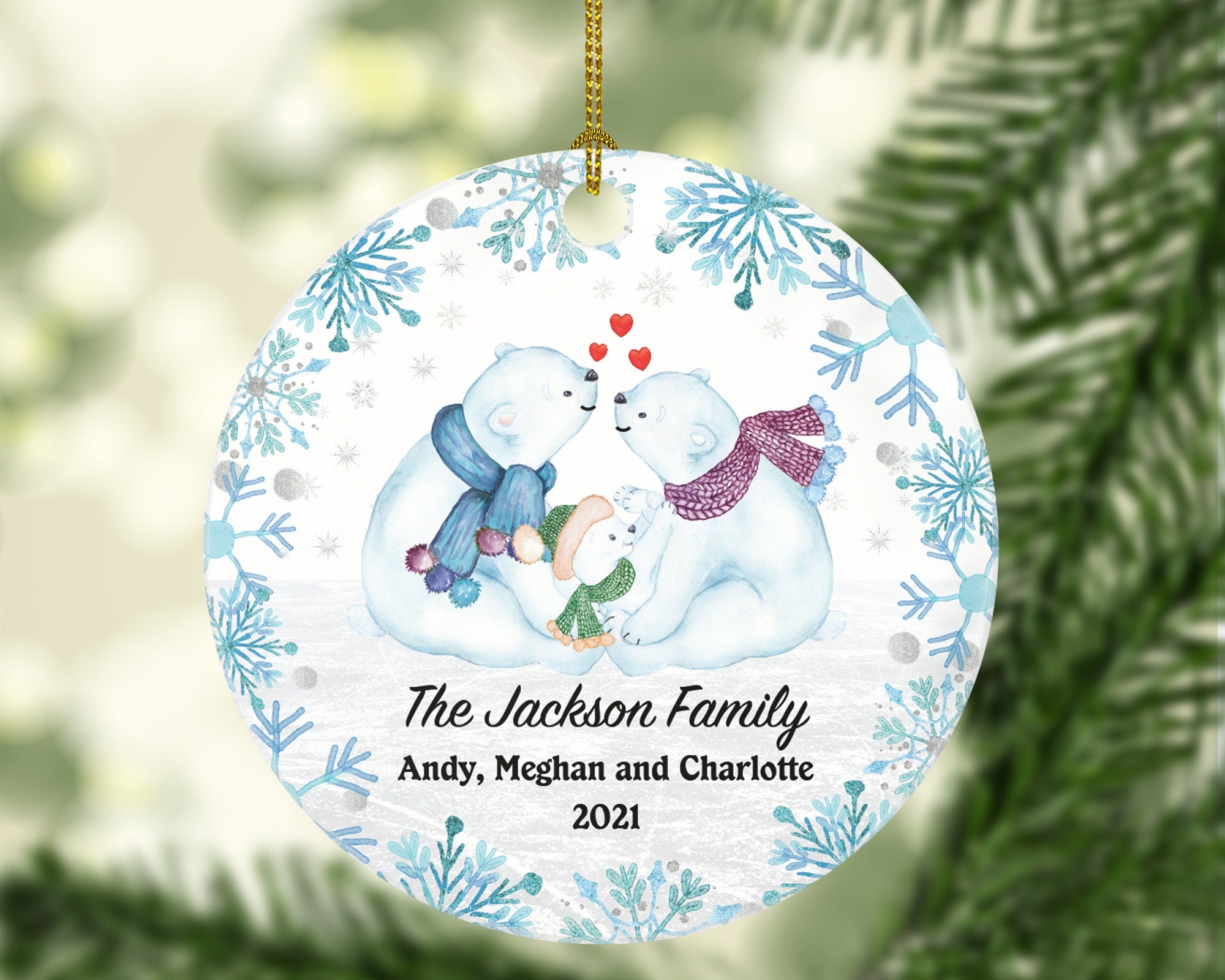 Family of 3 Personalized Ornament - First Christmas Bear New Baby Girl Boy Parents Mother Father Mom Dad Gift Kid Child