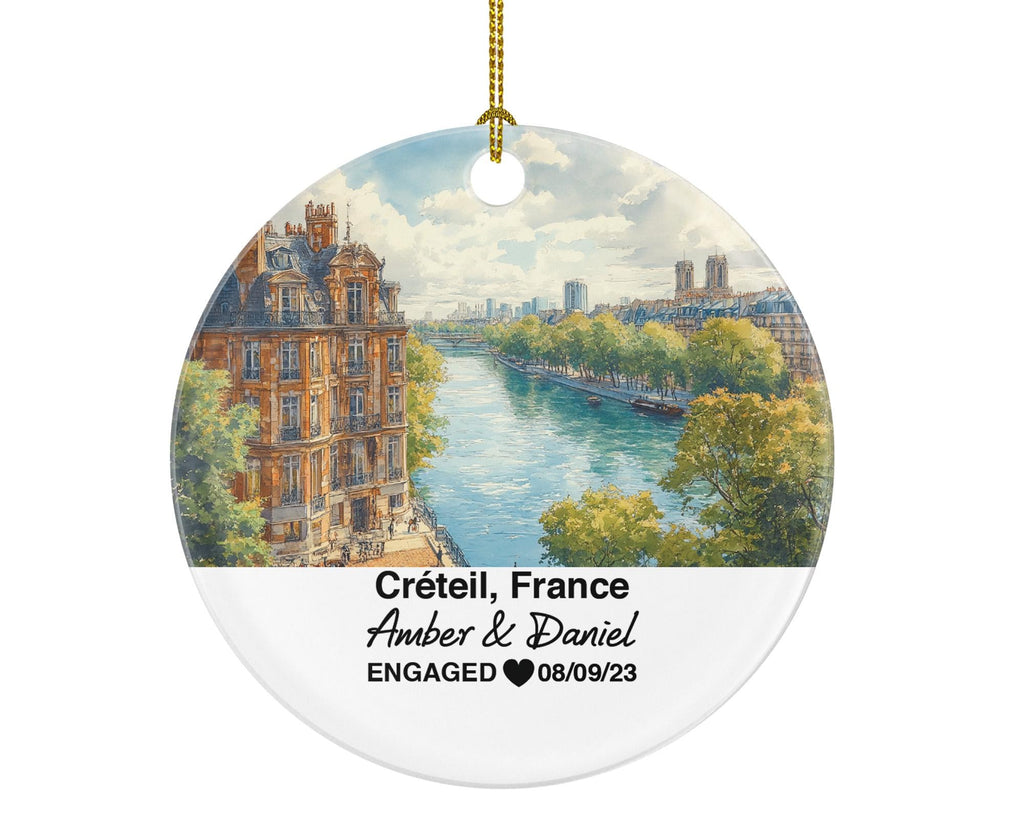 Personalized Creteil France Christmas Ornament, Creteil Cathedral, Mr & Mrs Wedding, Engagement, or Honeymoon Keepsake for Couples