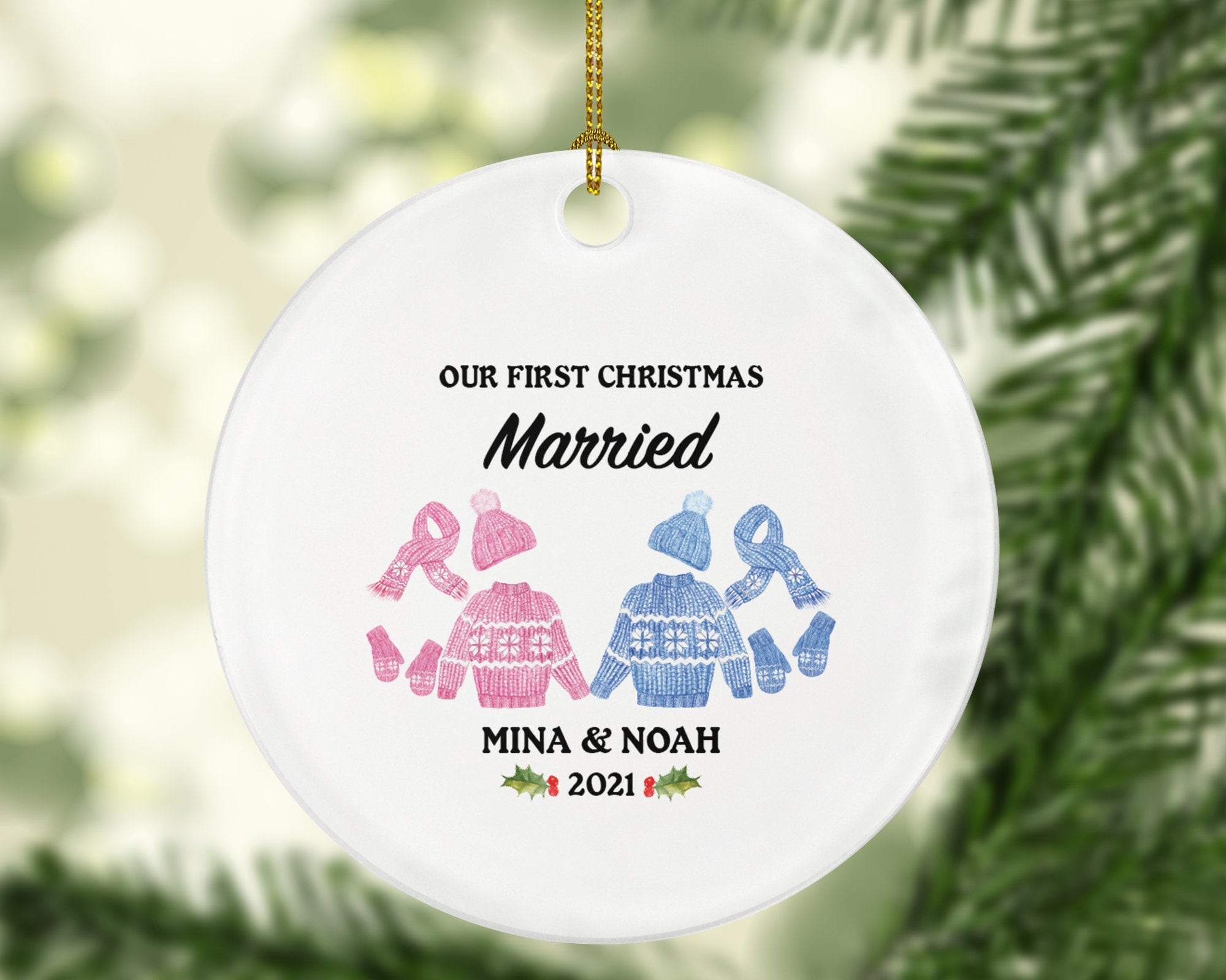 First Christmas Married Christmas Ornament - Personalized As Mr & Mrs Newlywed Wedding First Gift for a Couple Winter Outfits
