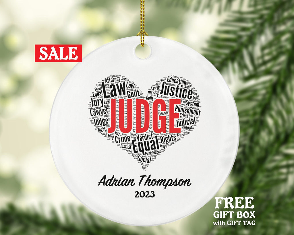 Personalized Judge Christmas Ornament, Custom Gift for Attorney at Law Lawyer Justice Equal Crime Word Art
