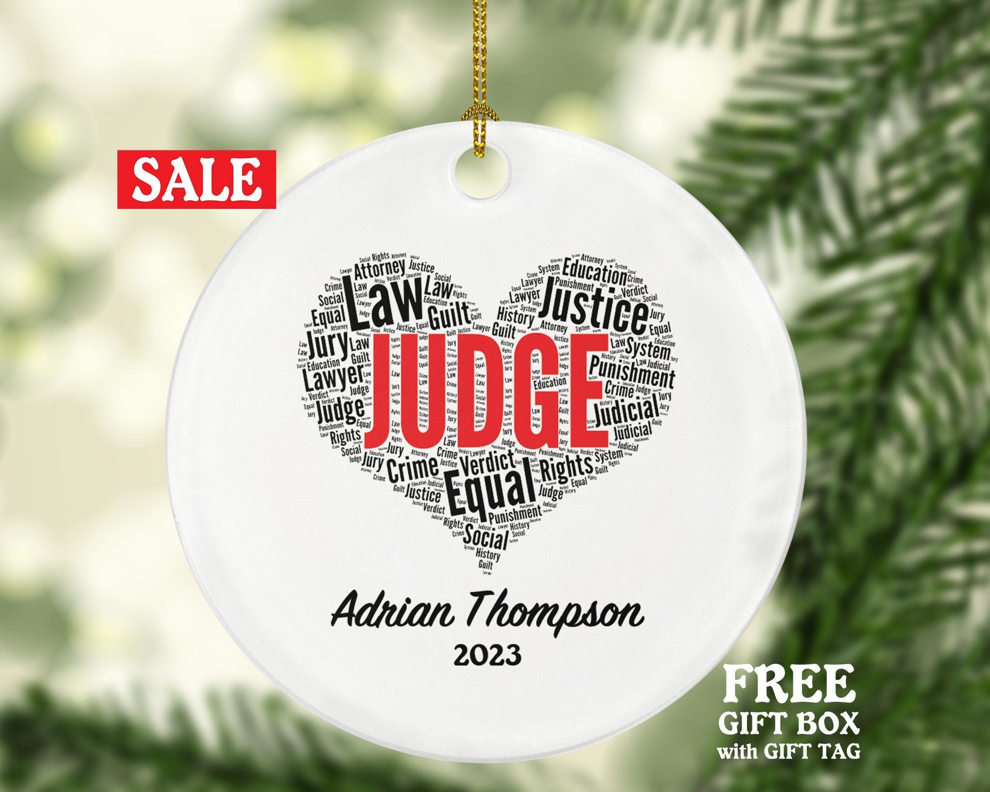 Personalized Judge Christmas Ornament, Custom Gift for Attorney at Law Lawyer Justice Equal Crime Word Art