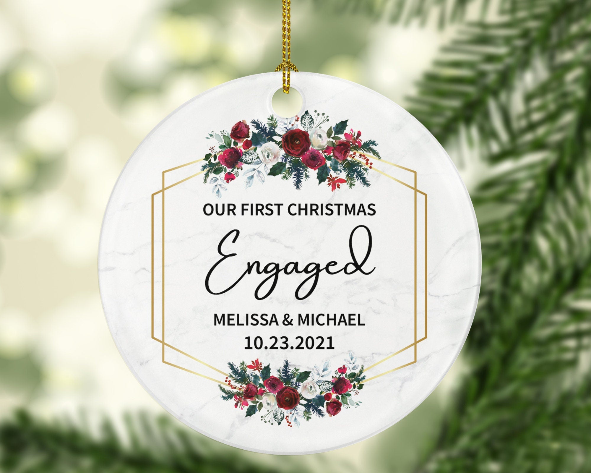 Our First Christmas Engaged Ornament - Personalized Engagement Announcement - Couple Gift - Custom Date and Name