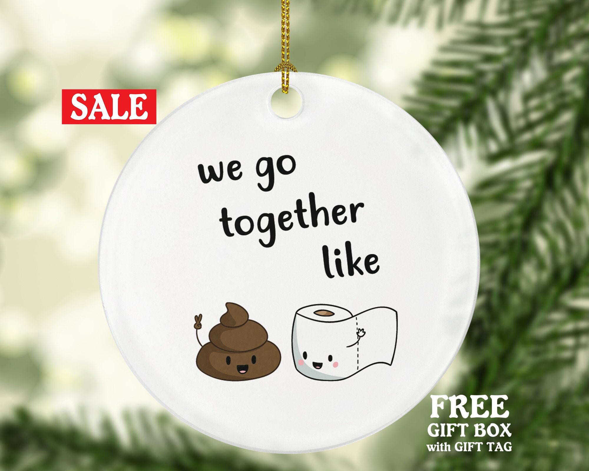 Toilet paper and poop we go together like funny emoji friends wood christmas tree holiday ornament