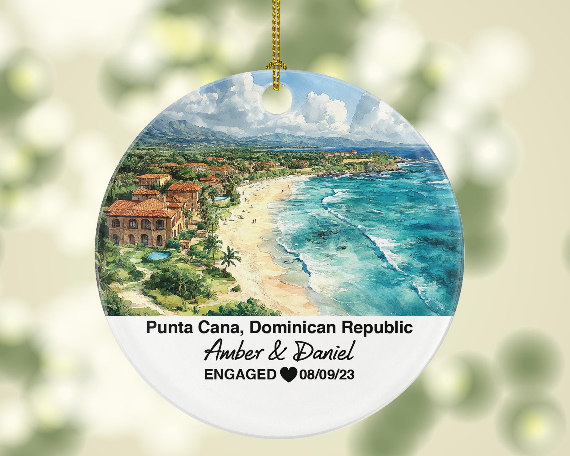 Custom Punta Cana Christmas Ornament, Palm Groves, Saona Island, Personalized Couple Gift, Celebrate Wedding, Engagement, Honeymoon