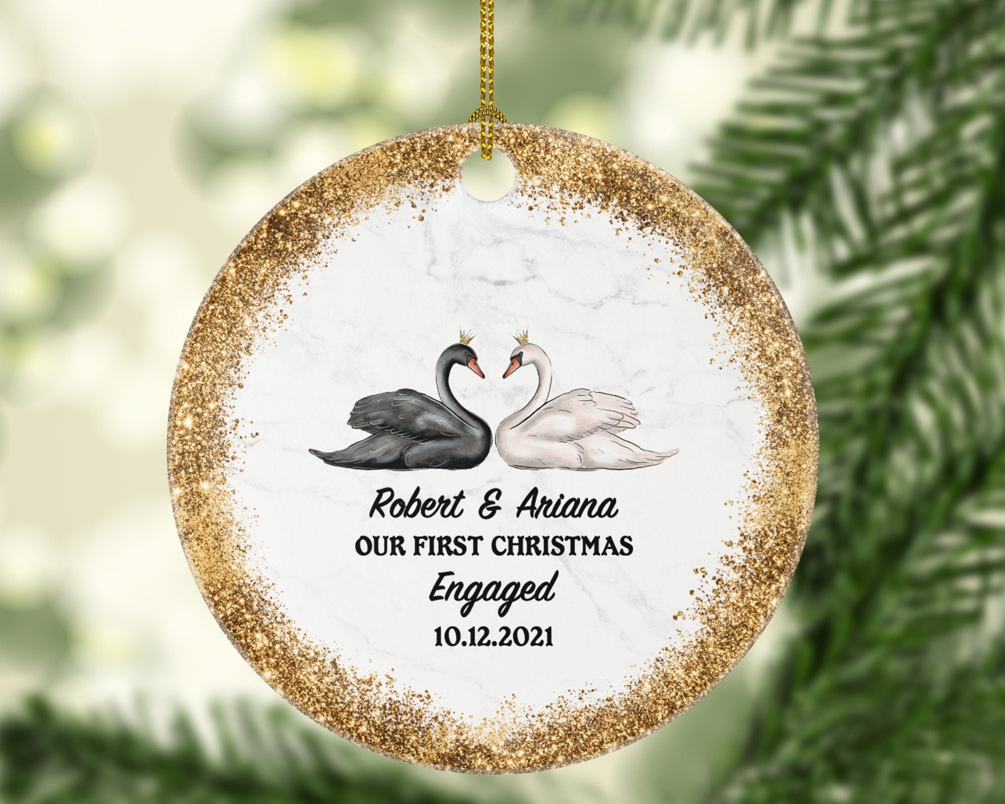 Our First Christmas Engaged Personalized Ornament - Engagement Announcement Couple Gift - Swans Couple