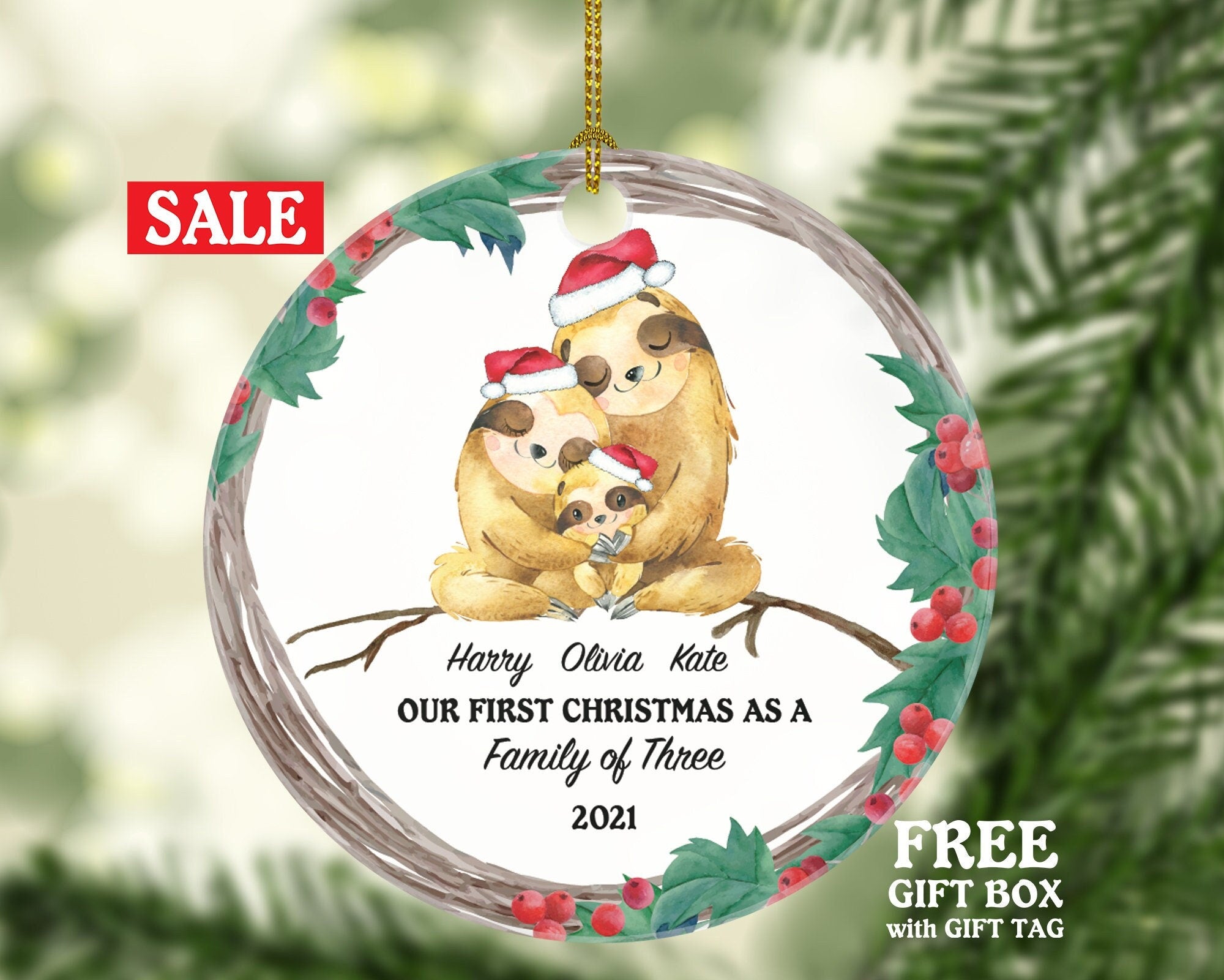 Personalized Family of 3 Christmas Ornament - Our First Ornament Custom Names of Three Gift for Sloth with Kids Xmas