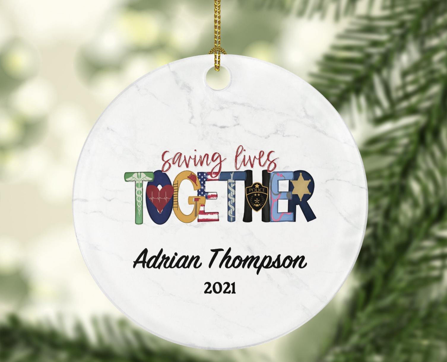 Saving Lives Together Police and Medical Teams Christmas Ornament Personalized - Doctor Physician Ambulance Policeman Team Officer Gift