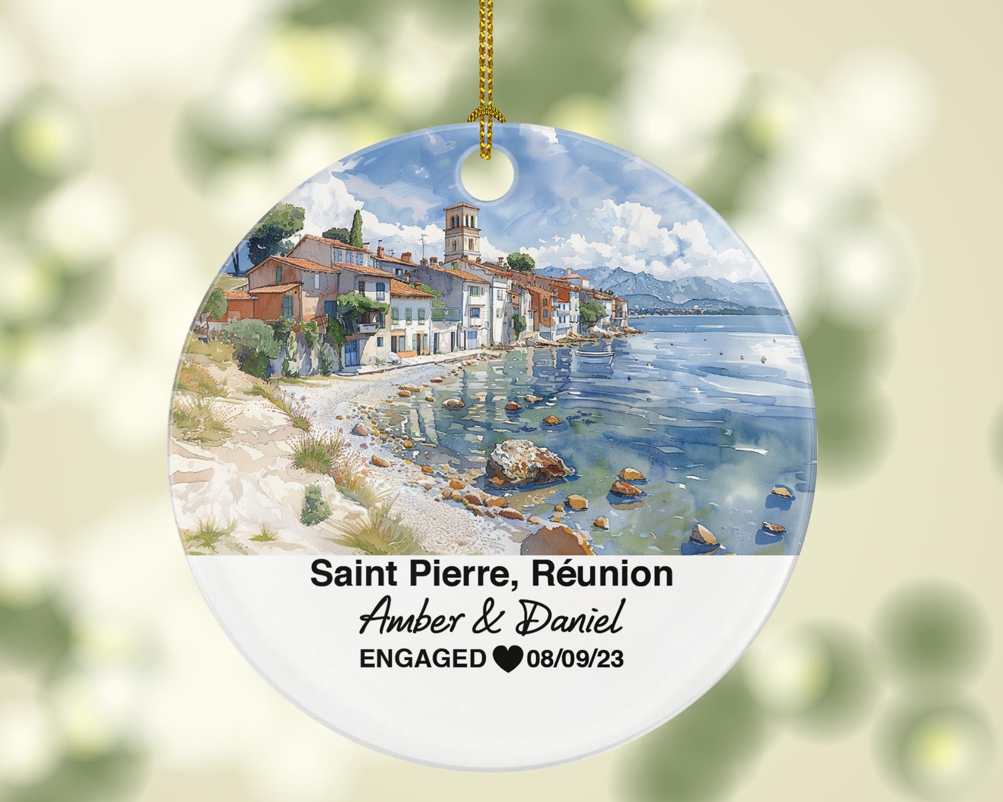 Personalized Saint-Pierre Réunion Christmas Ornament, Island Views, Mr & Mrs Wedding, Engagement, or Honeymoon Keepsake for Couples