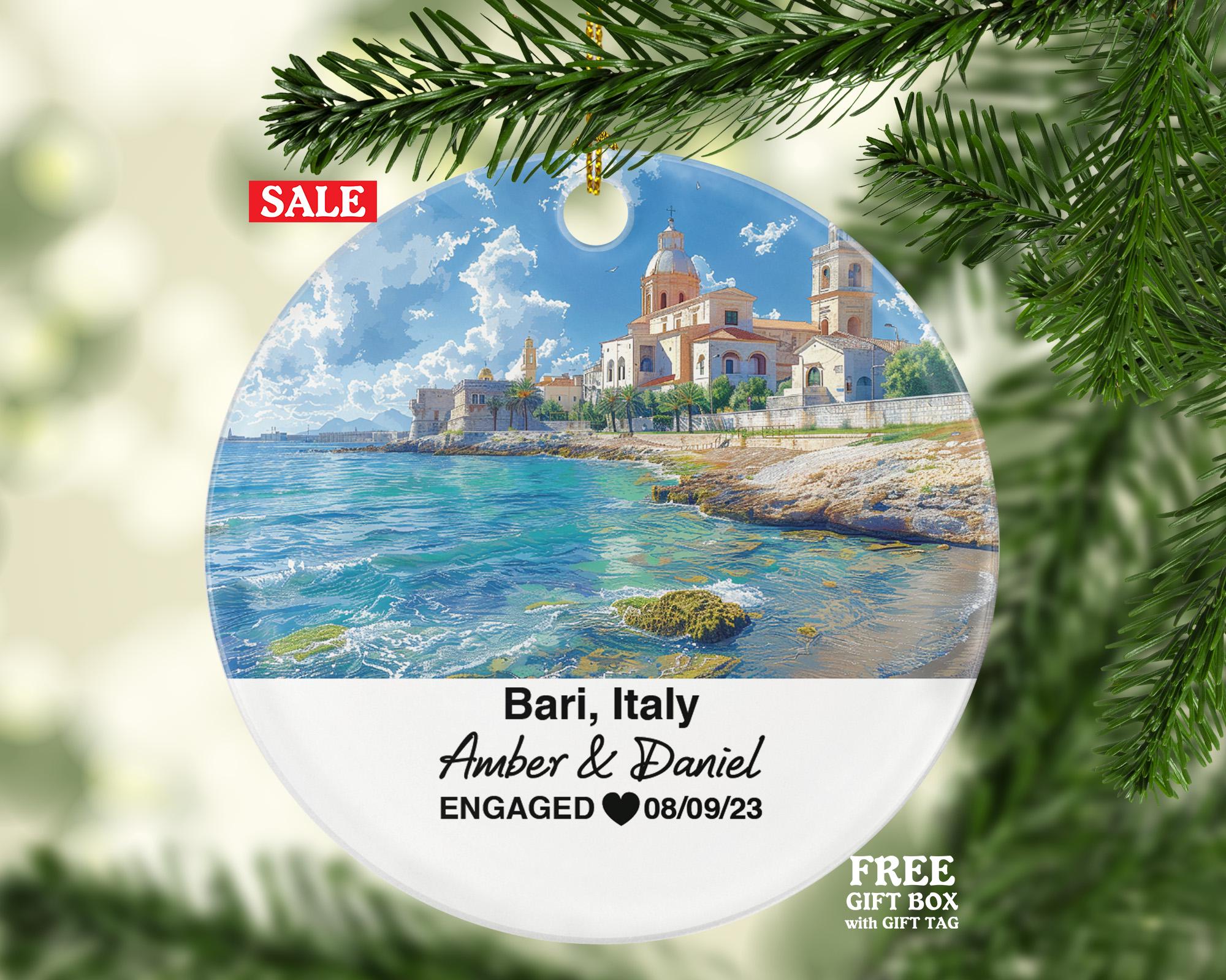 Personalized Bari Italy Christmas Ornament, Adriatic Sea, Norman Castle, Mr & Mrs Wedding, Engagement, or Honeymoon Keepsake for Couples