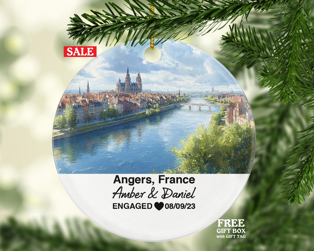 Personalized Angers France Christmas Ornament, Château d'Angers, Maine River, Mr & Mrs Wedding, Engagement, or Honeymoon Keepsake to Couples