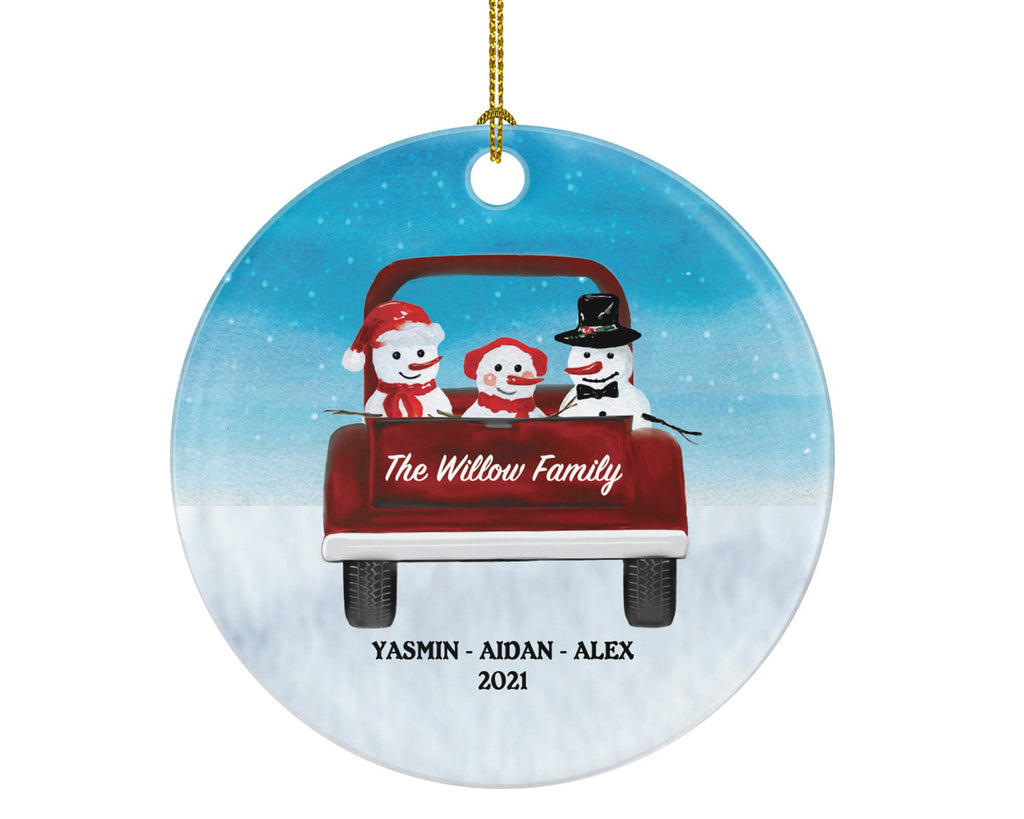 Family of 3 Christmas Ornament Personalized - Parents Mother Father Child Girl Boy Mom Dad Gift - Snowmen Family in Truck