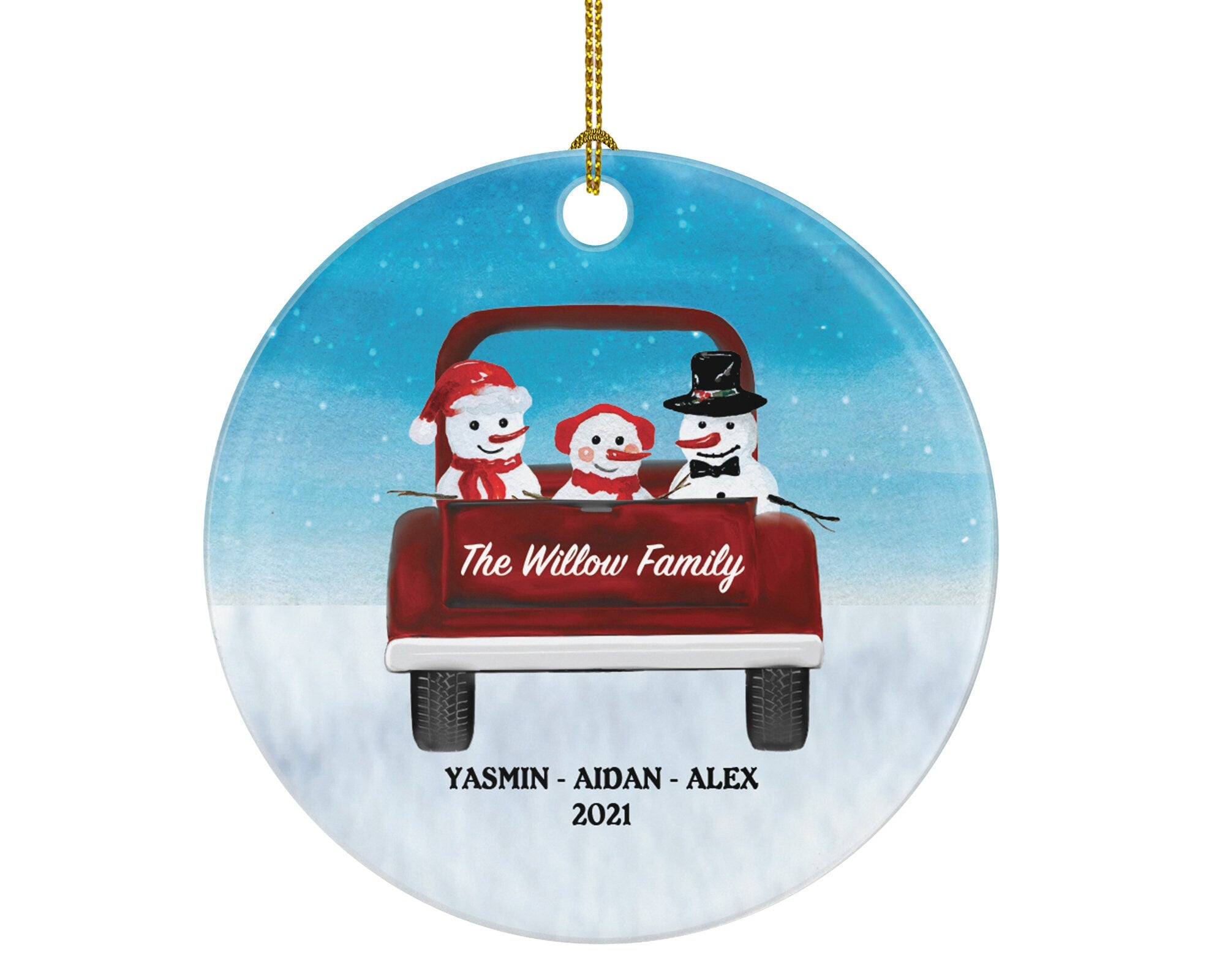 Family of 3 Christmas Ornament Personalized - Parents Mother Father Child Girl Boy Mom Dad Gift - Snowmen Family in Truck