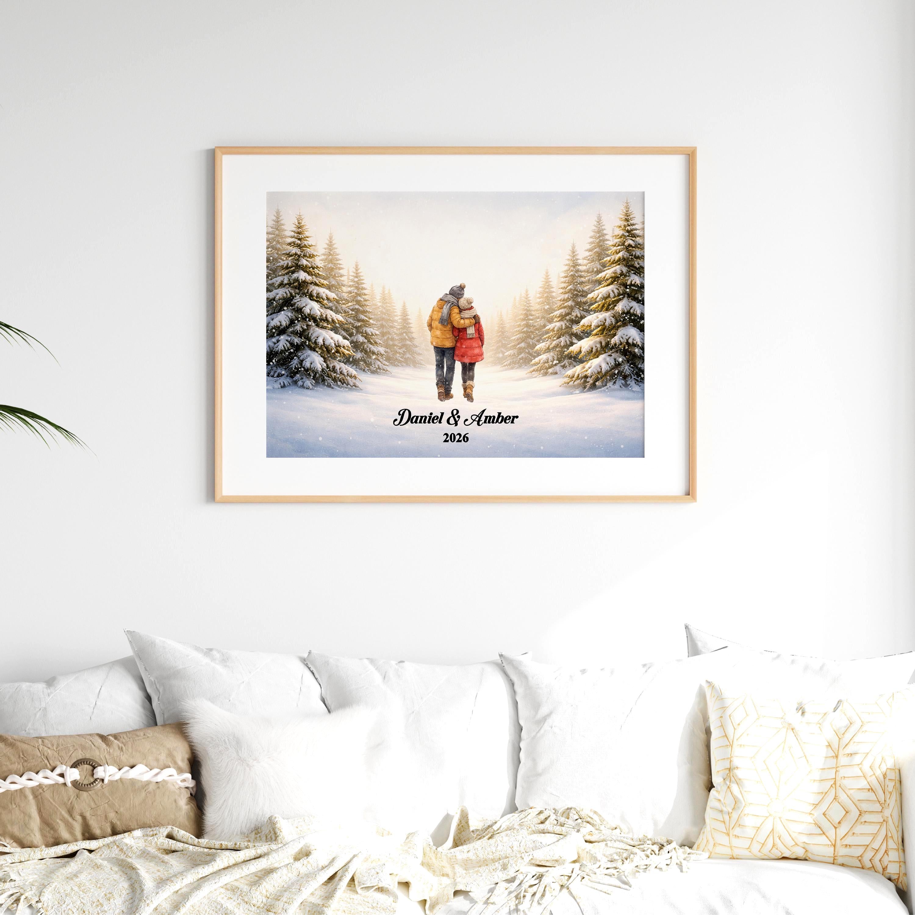 Custom Couple in Snow Wall Art | Winter Scene Print for Engaged, Married, Mr & Mrs, Anniversary | Aluminum Metal Print