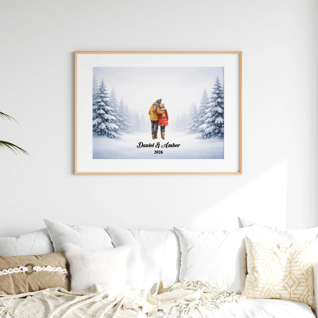 Personalized Couple in Snowy Scene Wall Art | Winter Landscape Print for Engaged, Married, Mr & Mrs, Anniversary | Aluminum Metal Print