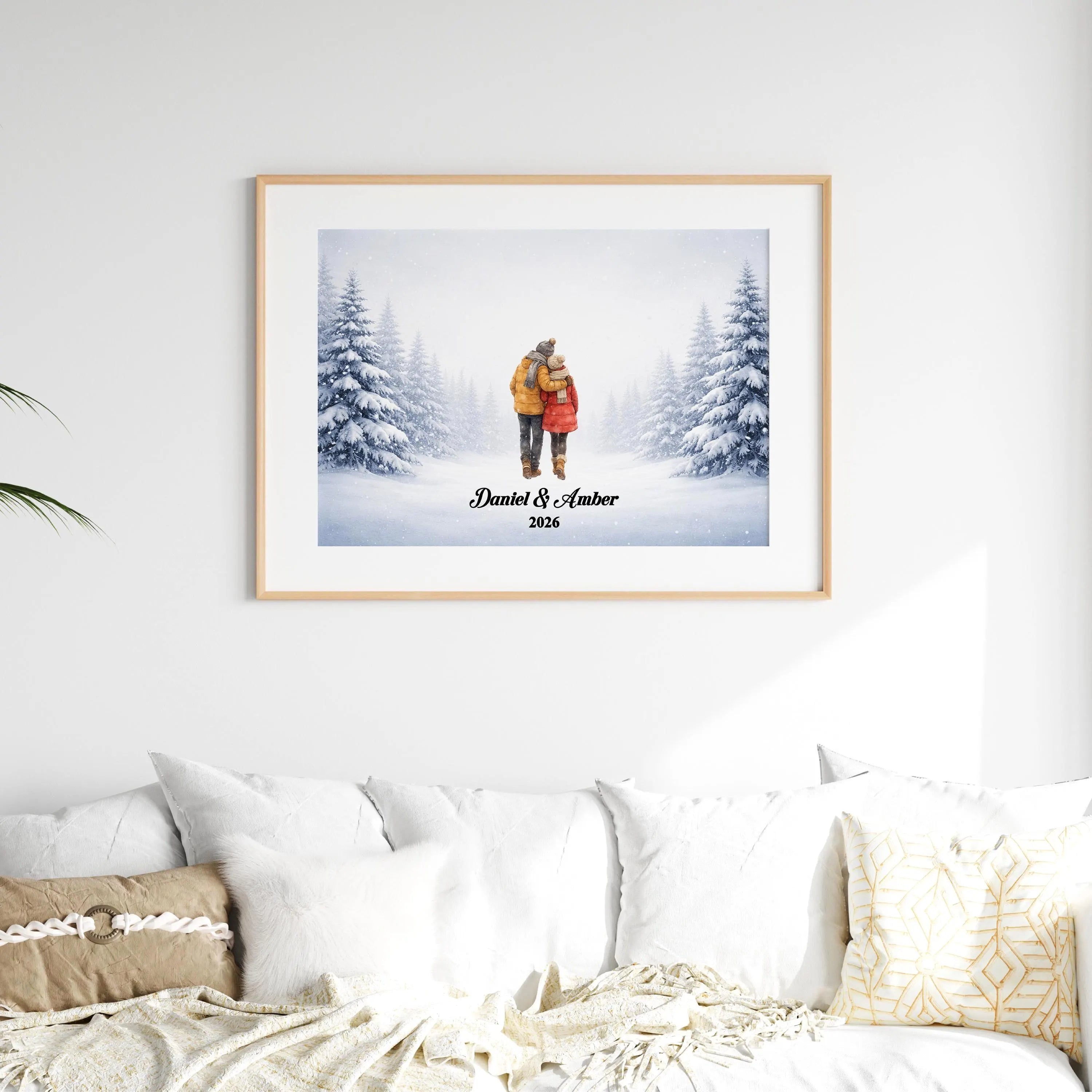 Personalized Couple in Snowy Scene Wall Art | Winter Landscape Print for Engaged, Married, Mr & Mrs, Anniversary | Aluminum Metal Print
