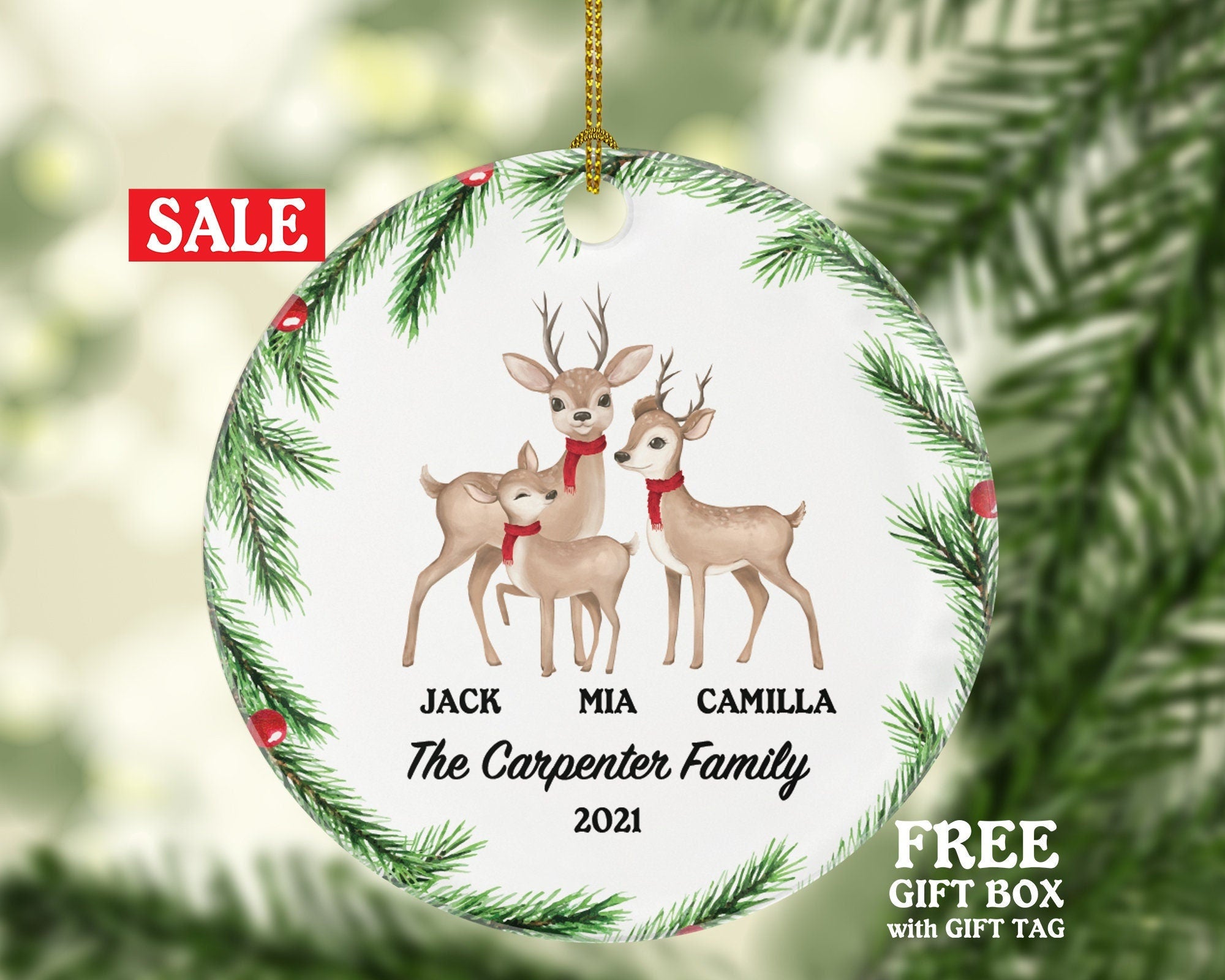 First Christmas as a Family of 3 Ornament - Deer Family New Baby Girl Boy Parents Mother Father Mom Dad Gift Kid Child