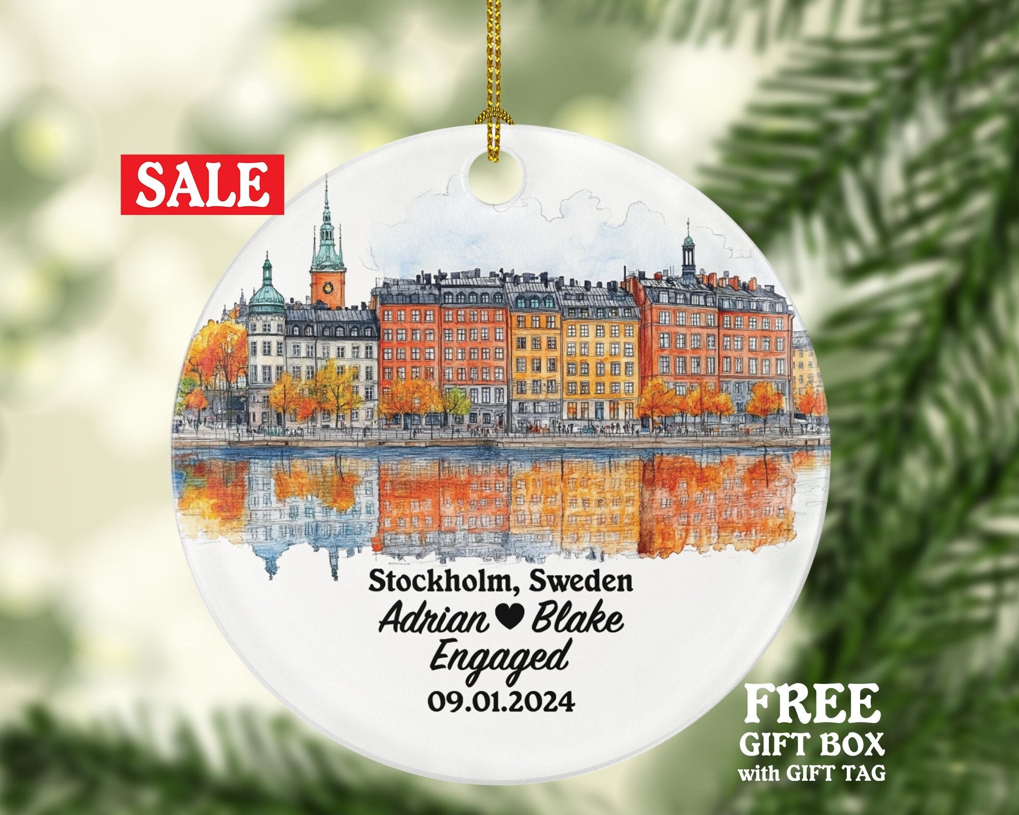 Stockholm Christmas Ornament Personalized - Sweden Engaged Married Family Together Couple Travel Honeymoon Engagement Marriage