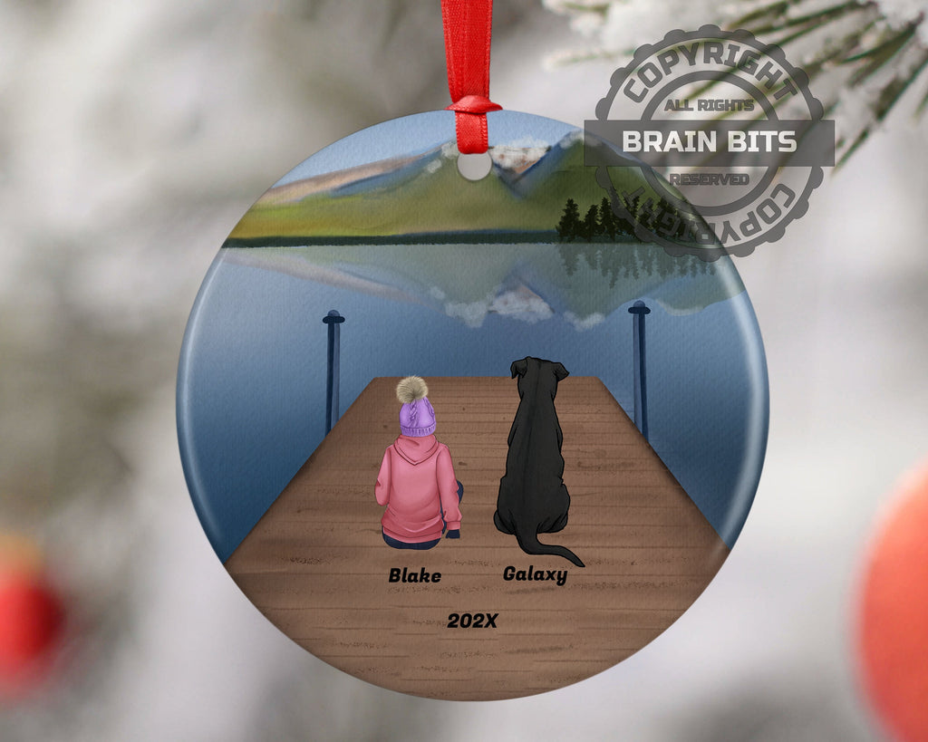 Personalized Pet Girl Daughter Kid Child Grandchild Granddaughter Christmas Ornament Custom Ceramic Dog Cat Owners Holiday Gift Lake Scene