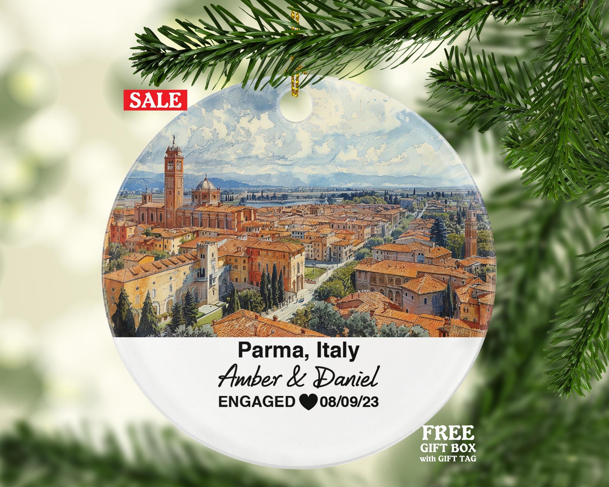 Custom Parma Italy Ornament, Parmigiano Cheese, Parma Ham, Personalized Couple Gift, Celebrate Wedding, Engagement, Honeymoon