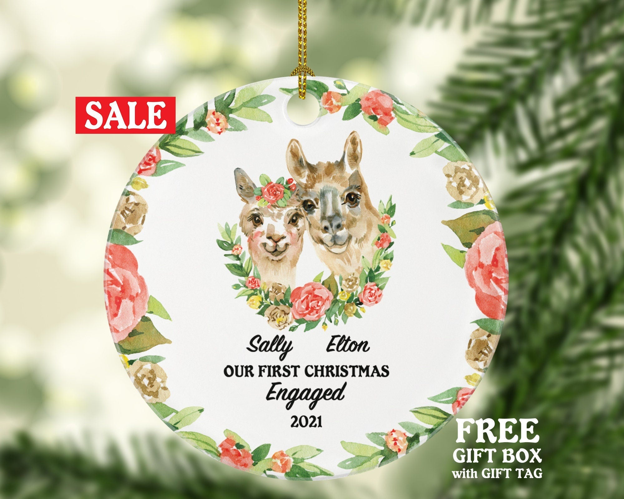 Our First Christmas Engaged Ornament - Personalized Engagement Announcement Gift - Llama Couple