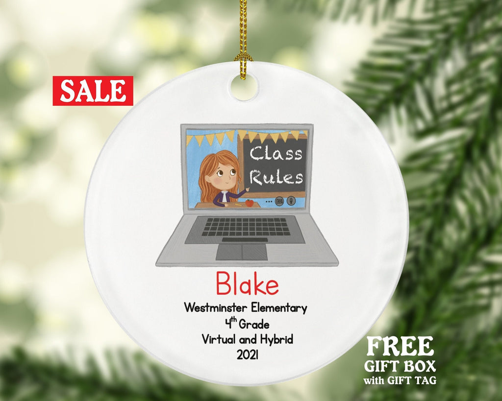 Distance Learning Virtual Class School Personalized Christmas Ornament - Survivor Pandemic Coronavirus Laptop Computer At Home