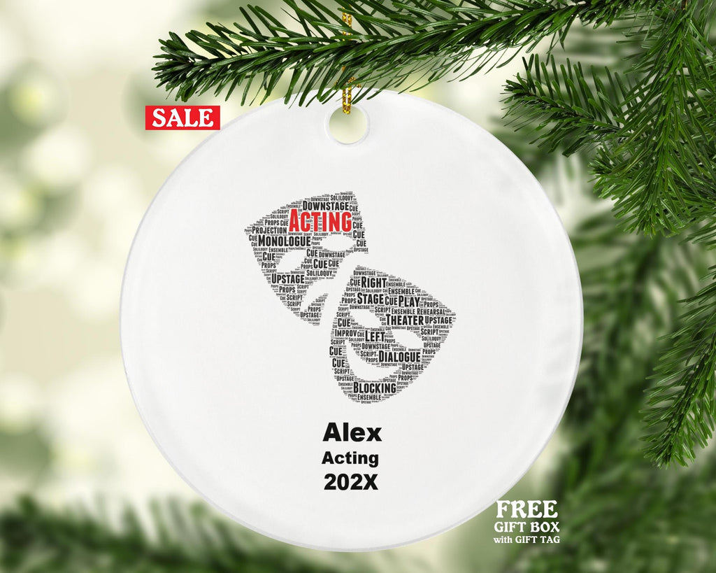 Personalized Acting Ornament – Theater Student Gift – Drama Masks Word Art – Custom Drama Ornament with Name & Year