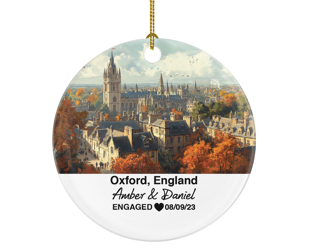 Oxford England Round Ceramic Christmas Ornament – Personalized University Architecture Keepsake, Custom Couple Gift for Wedding or Honeymoon