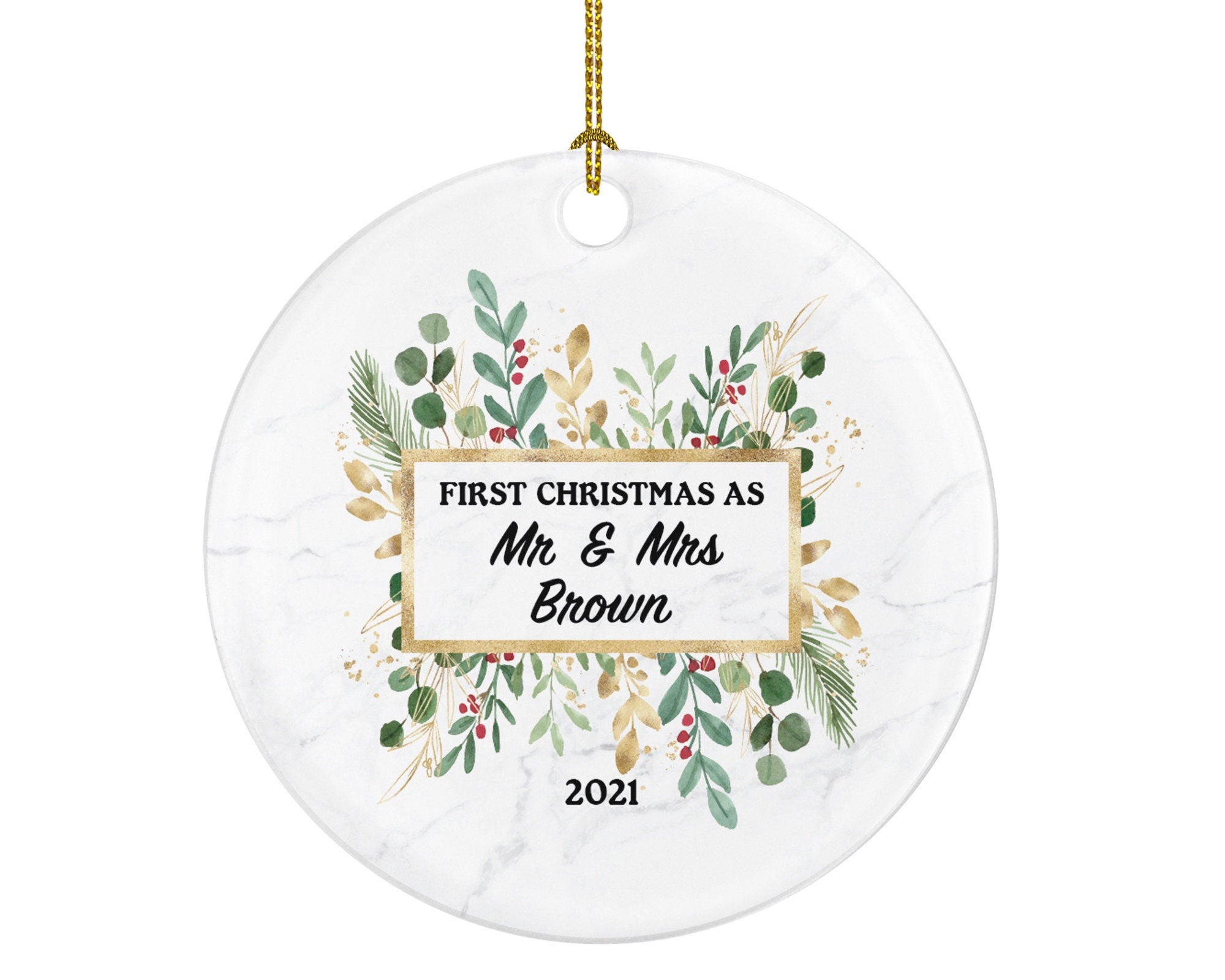 First Christmas as Mr & Mrs Married Couple Christmas Ornament Personalized - Newlywed Christmas First Custom Gift - Greenery
