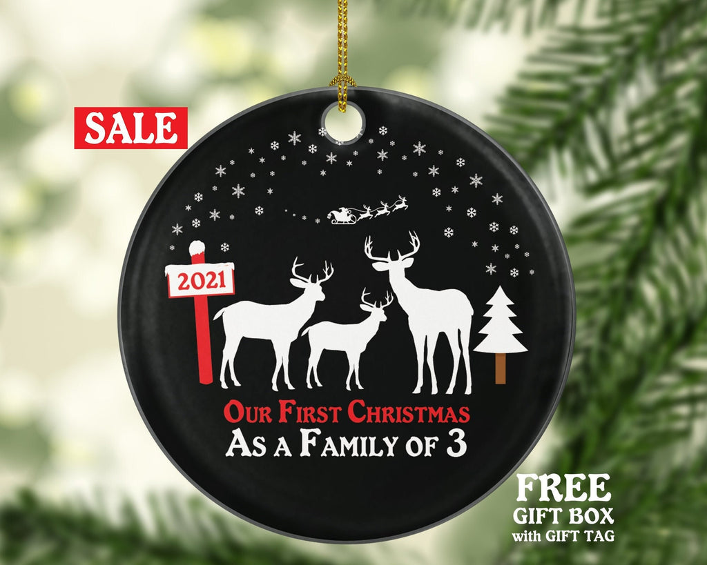 Our First Christmas As A Family Of Three 3 Ornament Deer Reindeer Kids Children Mom Dad New Mommy Daddy Baby Girl Boy Father Mother Newborn