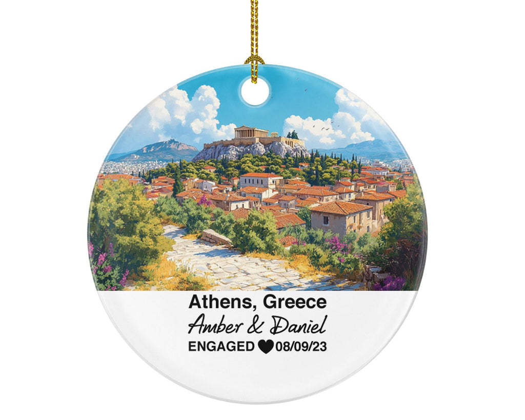 Athens Greece Round Ceramic Christmas Ornament – Personalized Holiday Keepsake, Custom Couple Gift for Wedding or Honeymoon
