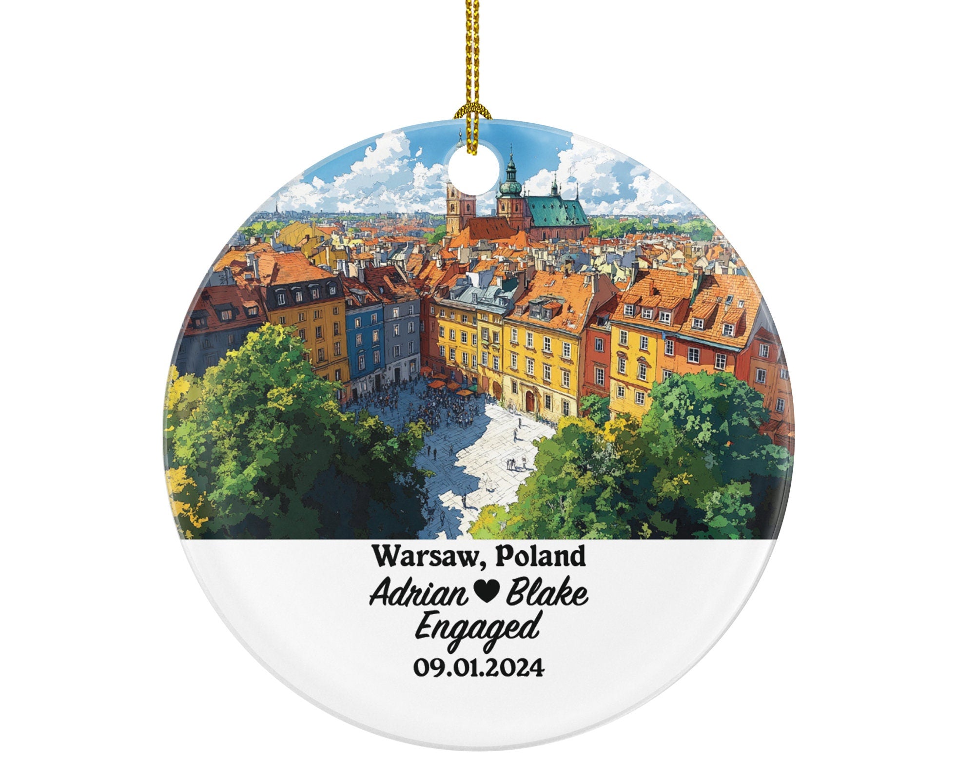Warsaw Christmas Ornament Personalized - Poland Engaged Married Family Together Couple Travel Honeymoon Engagement Marriage