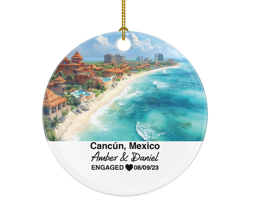 Cancún Mexico Round Ceramic Christmas Ornament – Personalized Holiday Keepsake, Custom Couple Gift for Wedding or Honeymoon