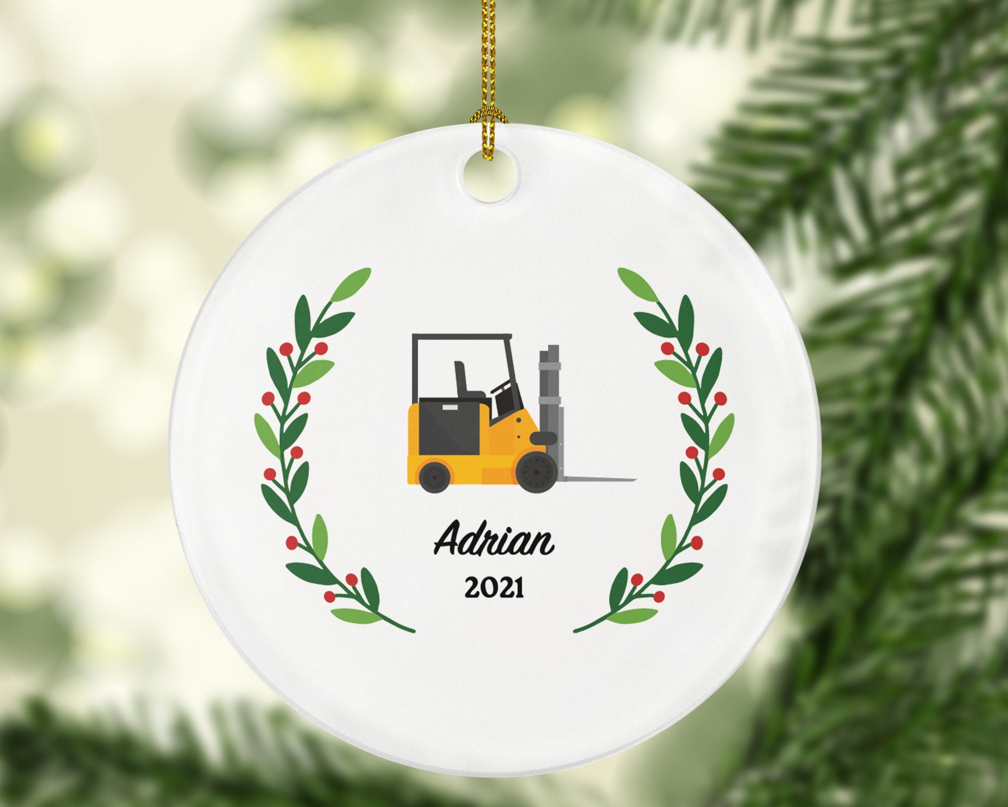 Heavy Duty Worker Forklift Operator Christmas Ornament Personalized - Fork Truck Vehicle Gift for a Warehouse Employee Employer Custom Name